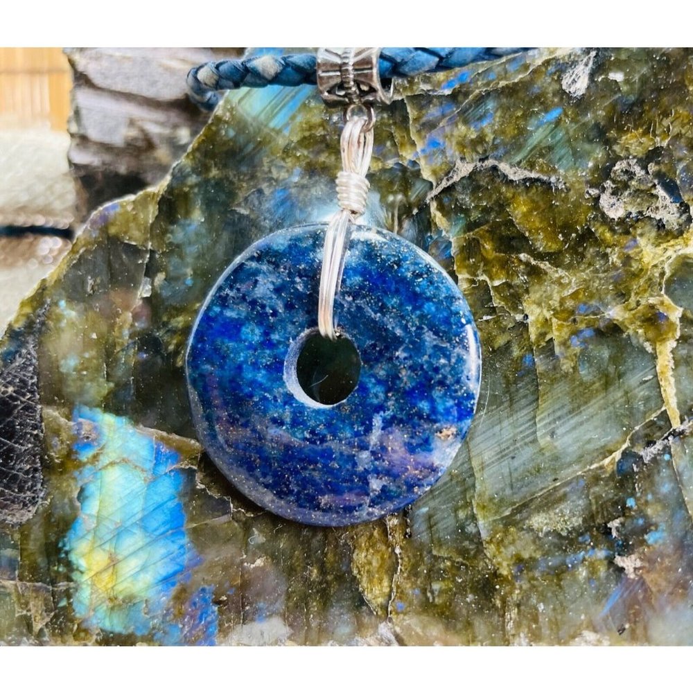 Lapis Lazuli Unisex Donut Necklace Sterling Silver Wire Wrap Blue Leather Cord